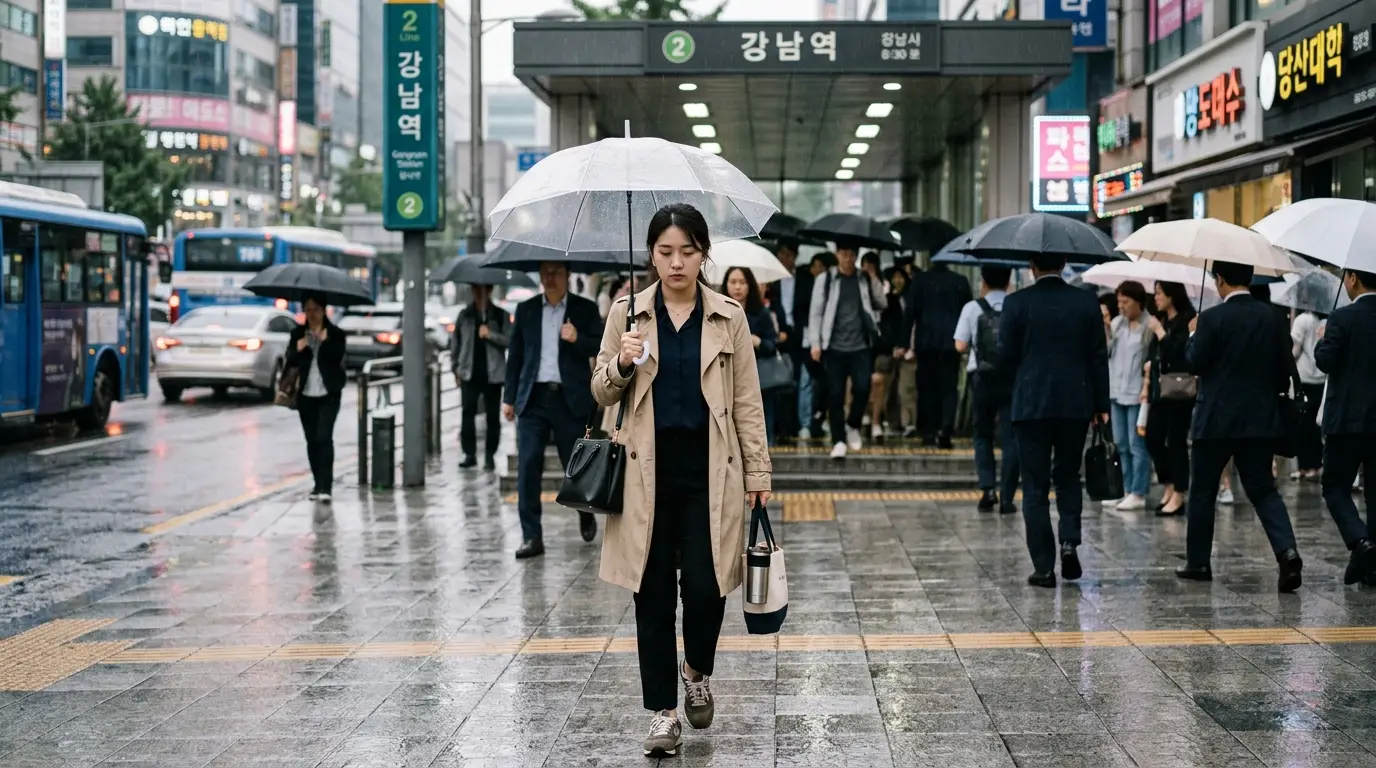 강남역 앞 비 오는 출근길, 우산을 쓴 직장인들이 바쁜 발걸음으로 인도를 걷는 도심 풍경이 생생하게 담겨 있다.