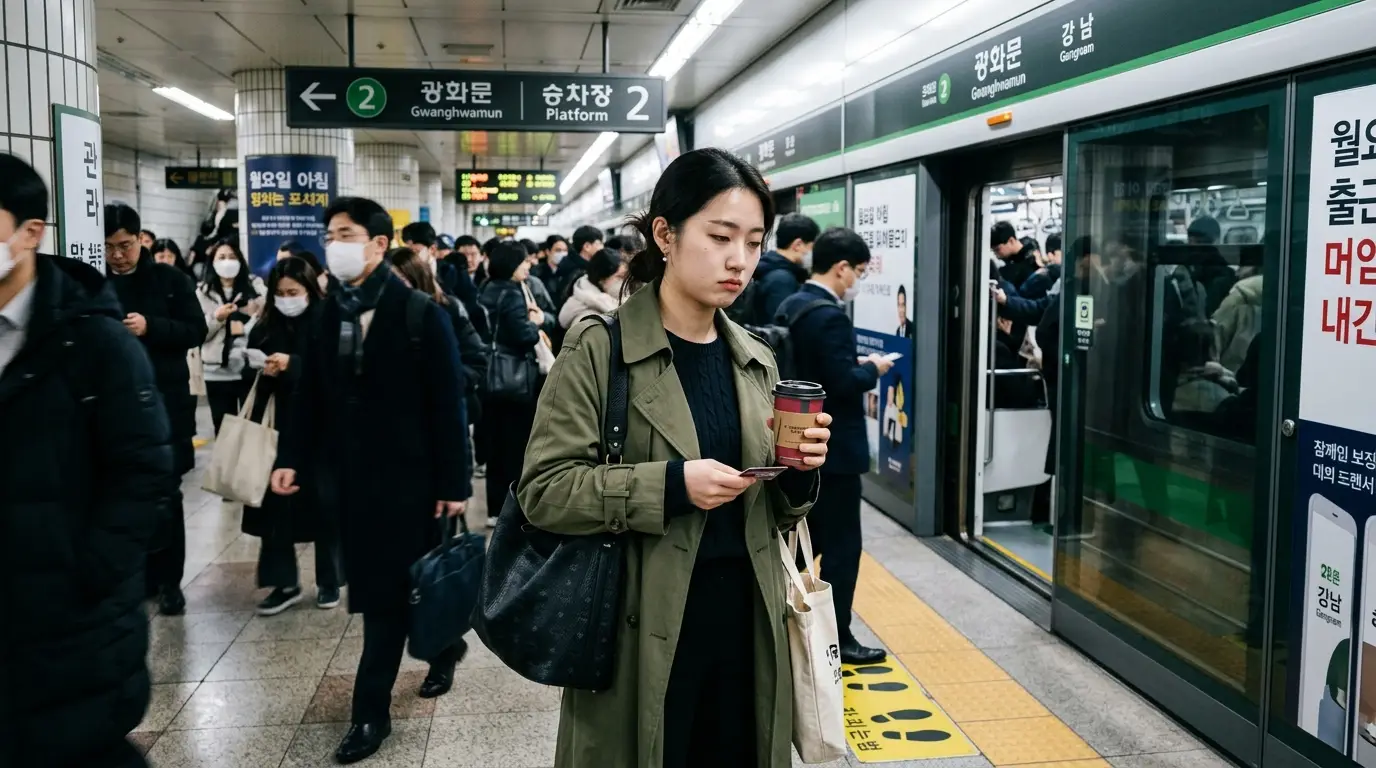 출근길 서울 지하철 2호선 광화문역 승강장에서 많은 사람들이 마스크를 쓰고 스마트폰을 보며 열차를 기다리는 역동적인 도시 출퇴근 풍경