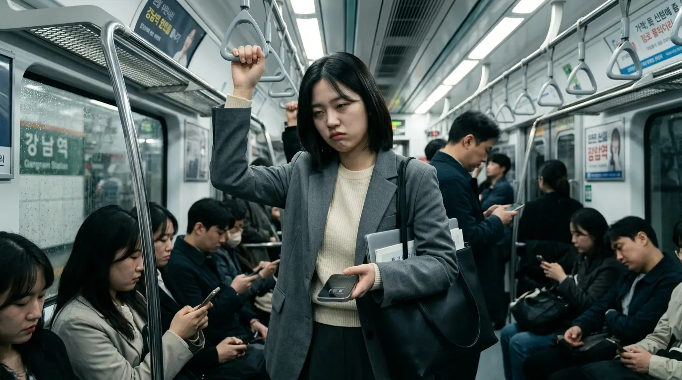 지하철 강남역에서 정장을 입은 여성이 피곤한 표정으로 손잡이를 잡고 서 있으며, 승객들은 대부분 스마트폰을 보고 있다.