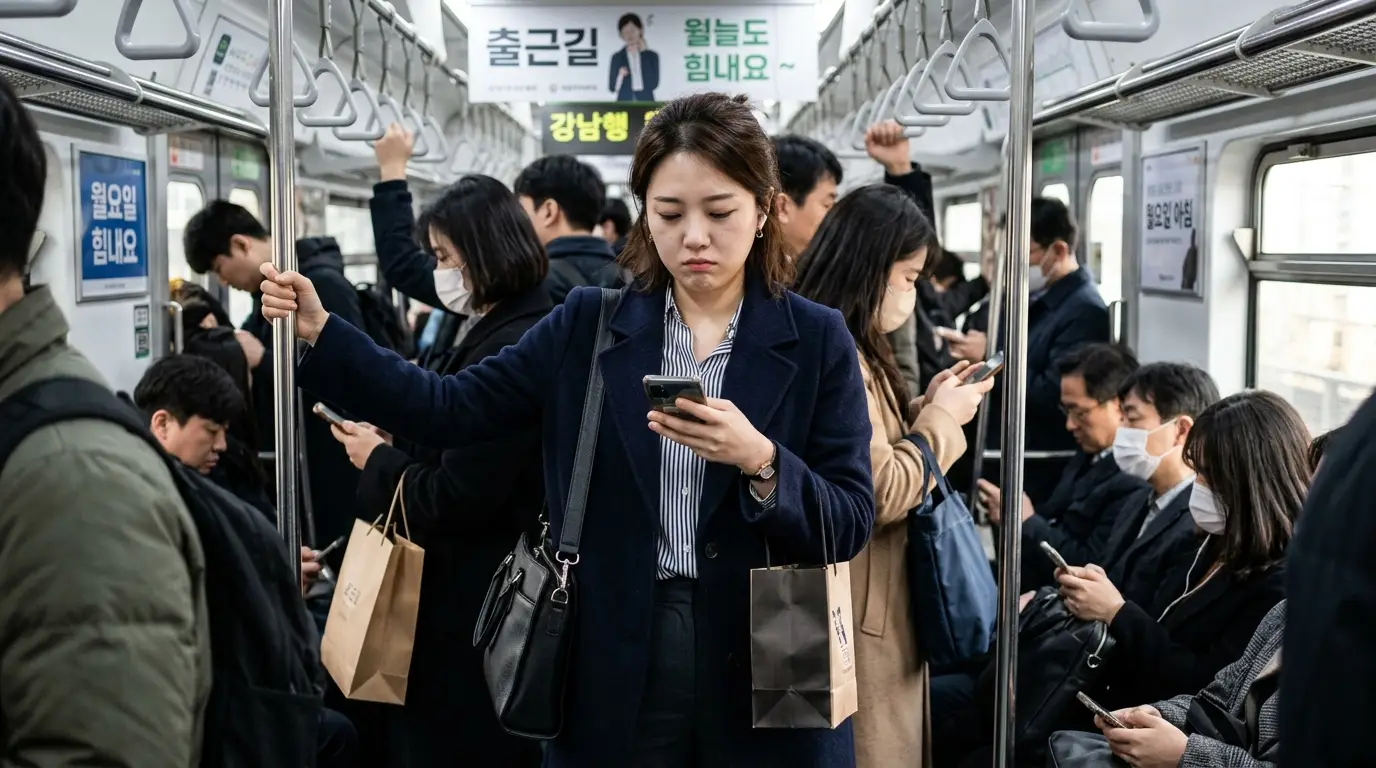 지하철 출근길에 정장을 입은 사람들이 마스크를 쓰고 스마트폰을 사용하는 모습, 현대인의 일상과 바쁜 아침 분위기가 느껴짐.