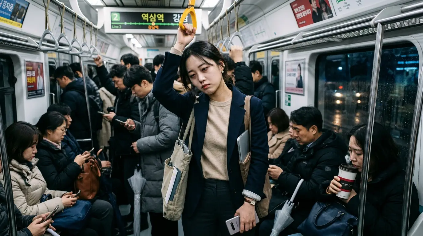 지하철 2호선 출근길에 피곤한 표정의 직장인들이 앉거나 서서 스마트폰을 보고 있으며, 전반적으로 바쁜 도시의 일상이 묘사됨.
