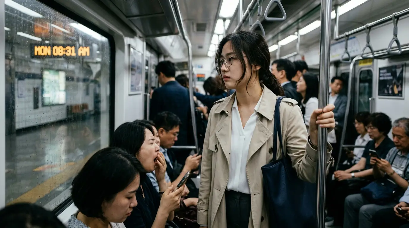 출근길 서울 지하철에서 다양한 표정의 사람들이 스마트폰을 보거나 졸고 있으며, 한 여성이 피곤한 모습으로 손잡이를 잡고 서 있다.