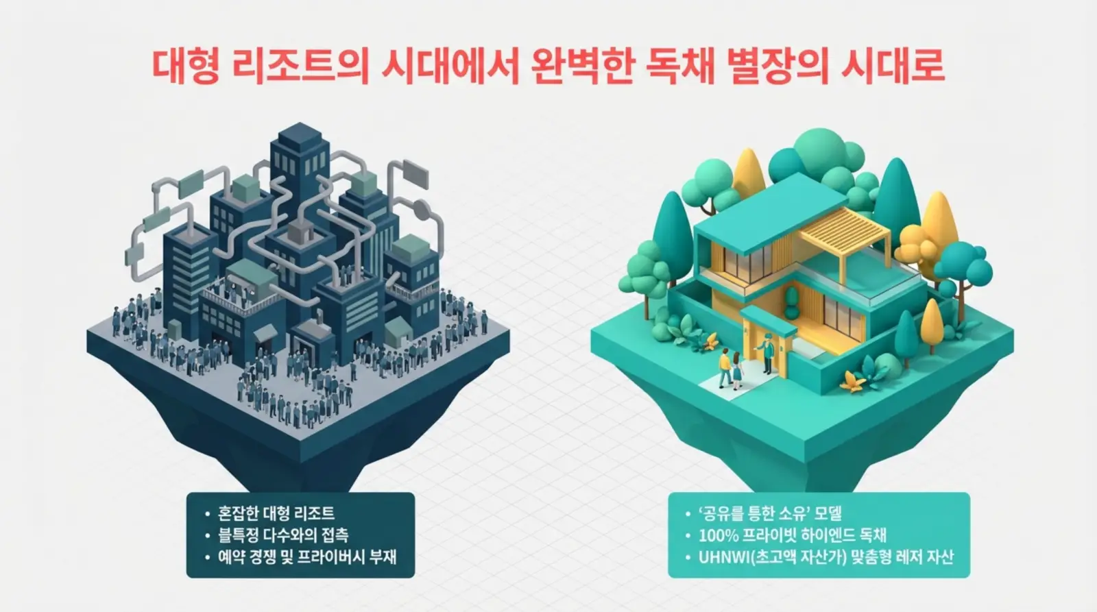 혼잡한 대형 리조트와 고급 프라이빗 별장이 대조되는 일러스트.