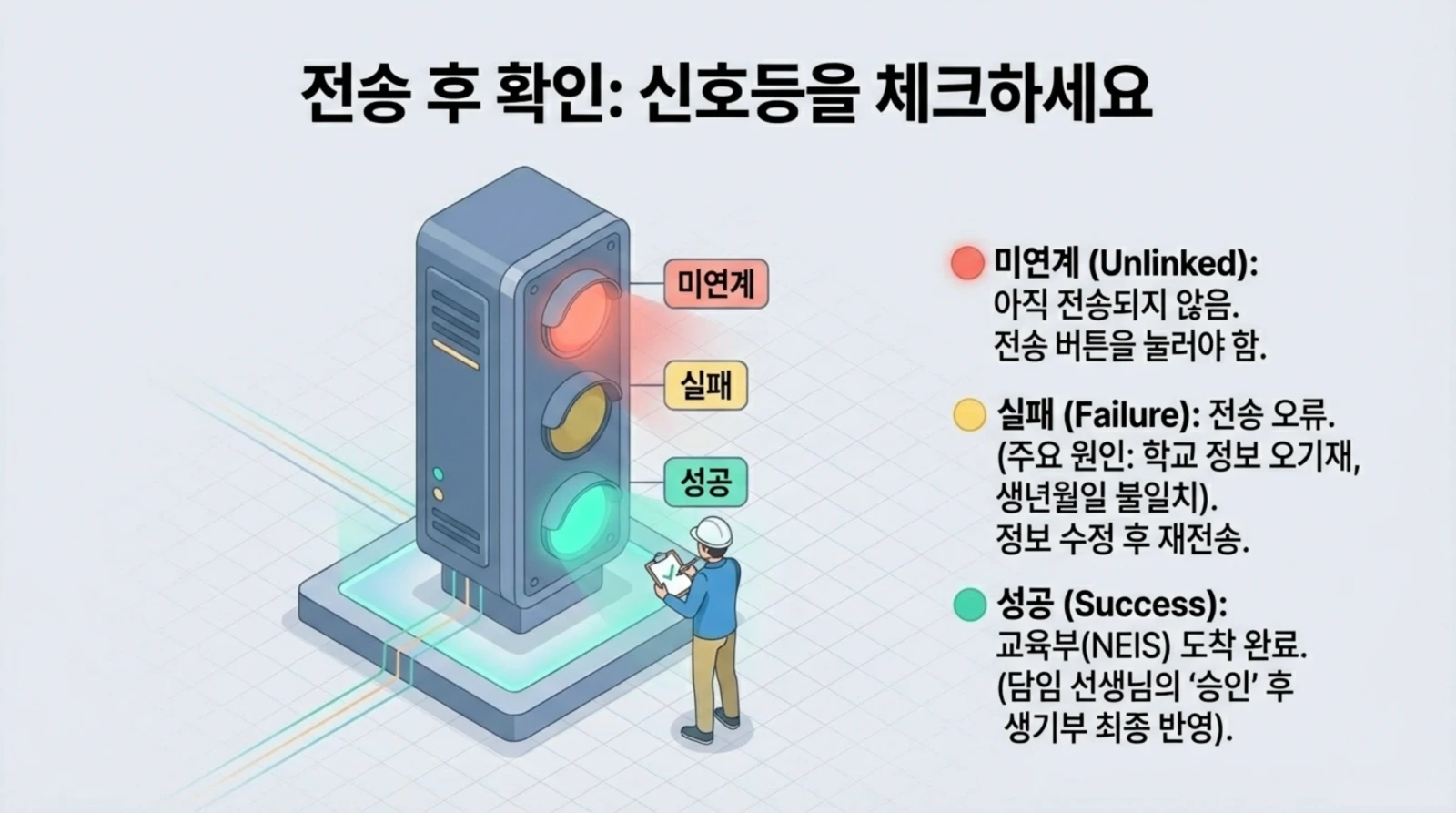 신호등 모양 장치와 작업자가 있고, 미연계(빨강), 실패(노랑), 성공(초록) 신호 상태별 설명이 오른쪽에 나와 있다.