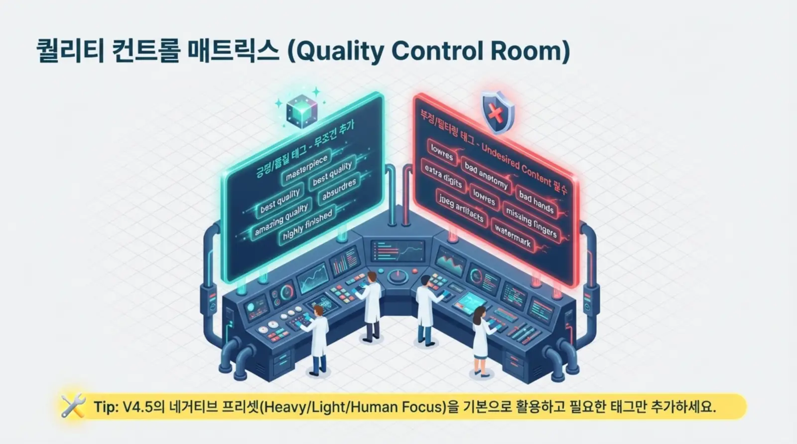 키워드: 퀄리티 컨트롤, 매트릭스, 인공지능, 품질 관리, 데이터 분석 연구원들이 첨단 장비 앞에서 긍정 및 부정 품질 테그를 분석하며 인공지능 데이터의 퀄리티 컨트롤을 수행하는 디지털 매트릭스 실내 모습.