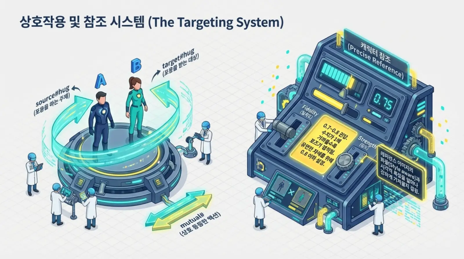 상호작용 시스템에서 과학자들이 두 인물을 분석하며, 첨단 데이터 기기를 사용해 타깃 및 캐릭터 침조, 정밀 수치, 성호 등 특성을 관리하는 과정