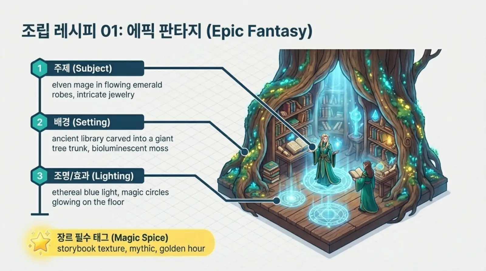 에메랄드 로브를 입은 엘프 마법사가 신비로운 마법진이 빛나는 고대 나무 도서관에서 주문을 시전하는 판타지 일러스트.