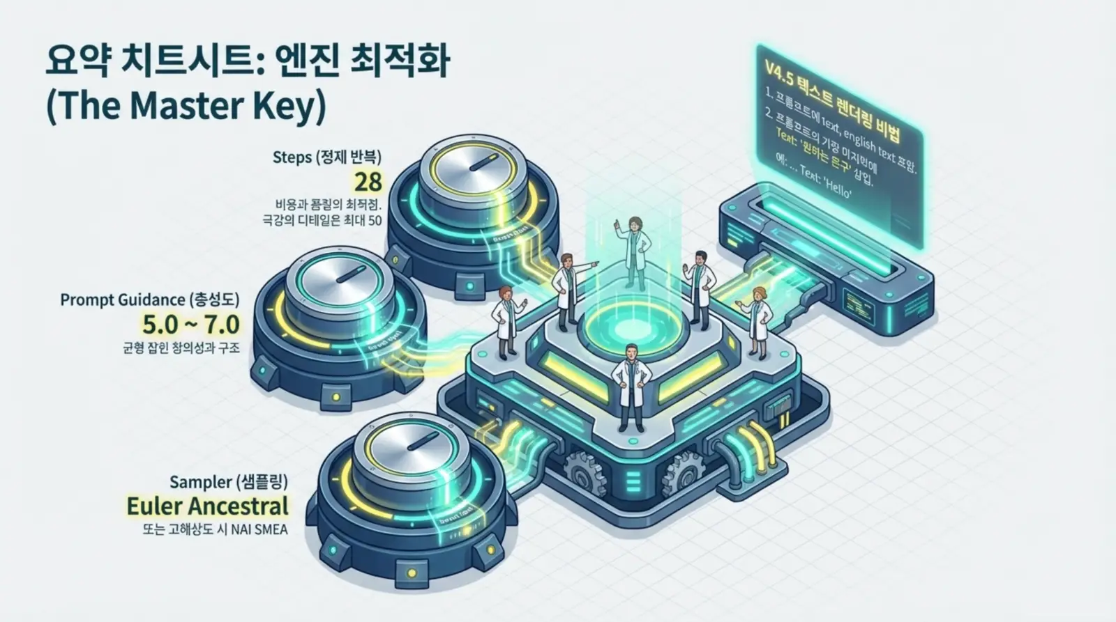 엔진 최적화 요약 치트시트, 연구원들이 미래지향적 기계와 디지털 디스플레이를 분석하며 인공지능, 샘플러, 프롬프트 가이던스, 텍스트 렌더링 방법을 설명하는 장면.