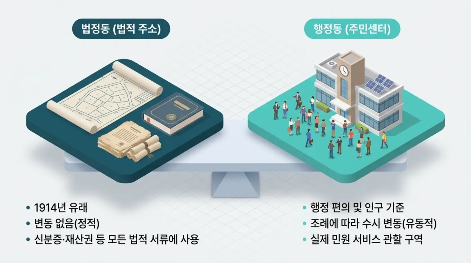 법정동과 행정동 차이를 설명하는 인포그래픽, 지도와 서류, 행정센터와 모인 사람들, 주소, 주민센터, 민원 서비스 키워드 포함