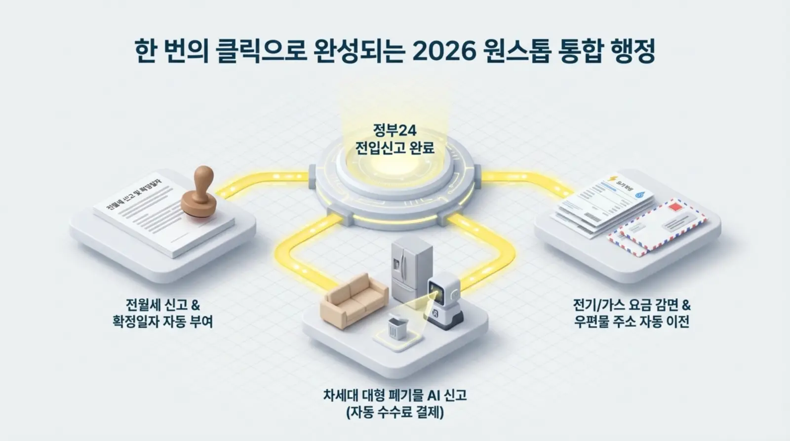 원스톱 통합 행정, 정부24 전입신고, 전월세 신고, 대형 폐기물 신고, 요금 감면 및 자동 주소 이전 절차를 한 번에 처리하는 디지털 서비스 안내