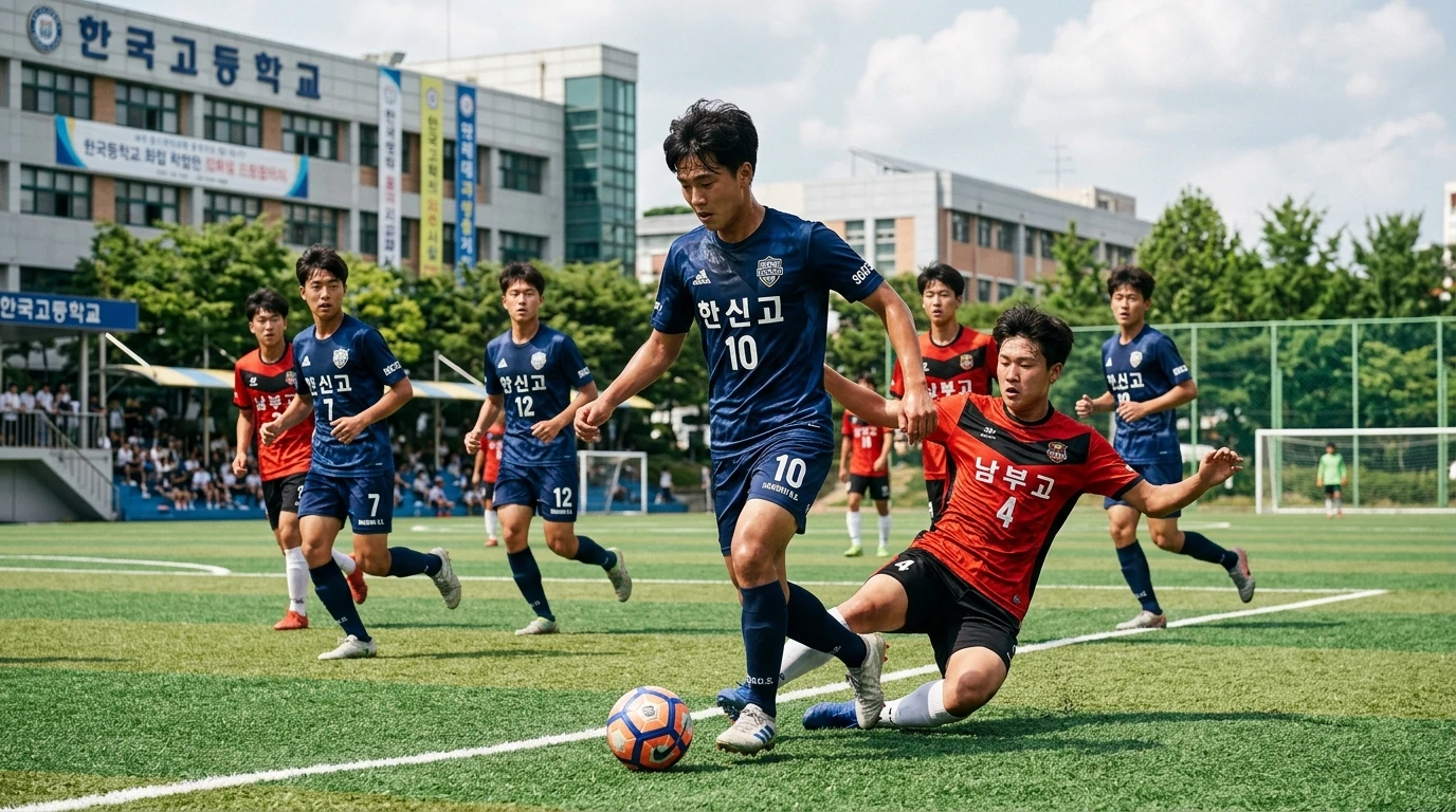 고등학생 축구대회에서 남부고와 한신고 선수들이 운동장에서 치열하게 공을 다투며 역동적인 경기를 펼치고 있는 모습, 학교 건물 배경.