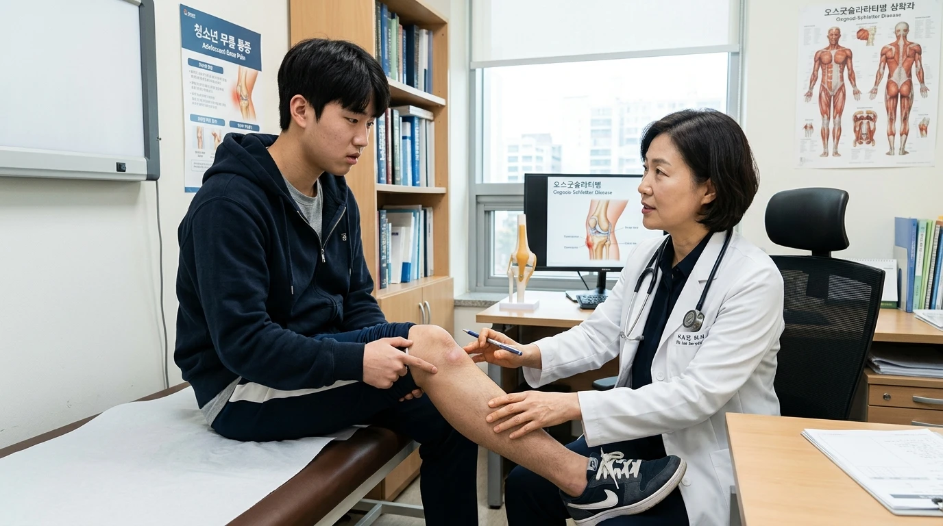 무릎 통증으로 병원을 찾은 청소년이 의사에게 진료받으며 무릎을 진단받는 장면, 정형외과, 스포츠 손상, 청소년 건강, 전문 상담