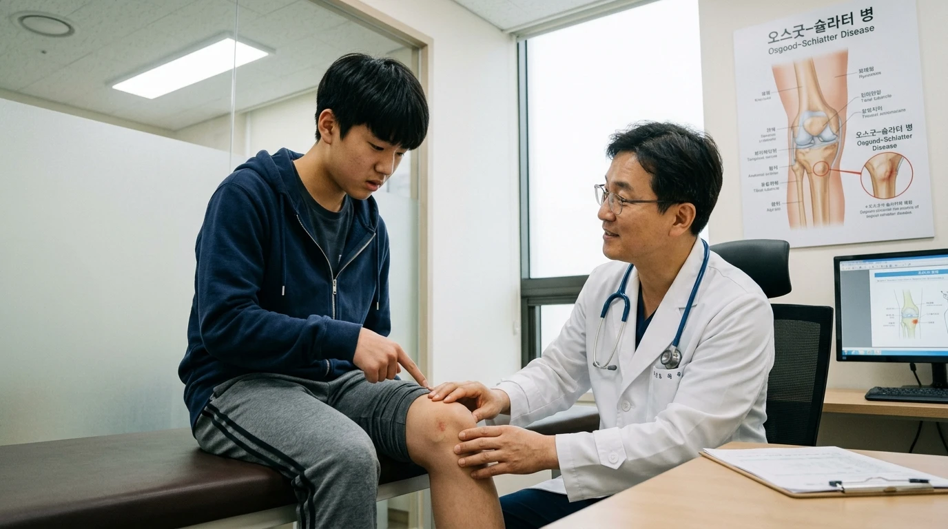 무릎 통증을 호소하는 남학생이 정형외과에서 전문의에게 진료받으며 무릎 상태를 설명하고 치료 상담을 받고 있는 장면