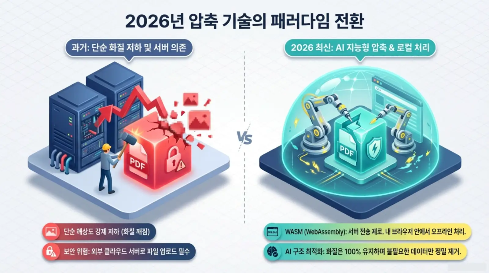 압축 기술 패러다임 전환을 주제로, 서버와 AI 로봇이 각각 PDF 파일을 처리하며 화질, 보안, 로컬 처리 등 혁신적인 AI 압축 방식 비교.