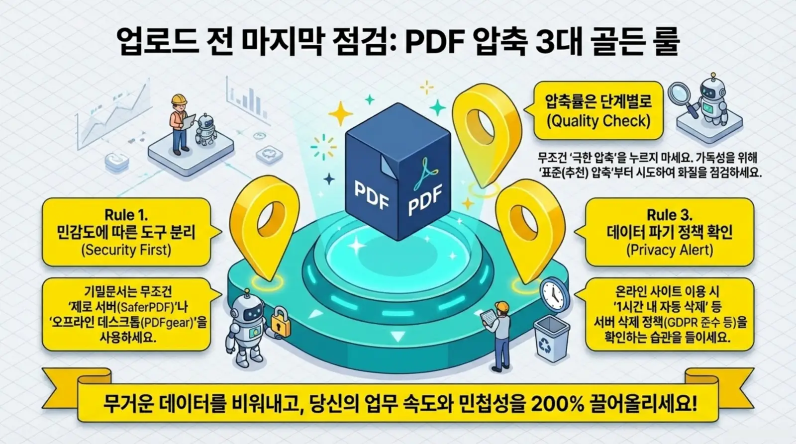 PDF 압축 3대 골든 룰과 민감도별 도구 분리, 단계별 압축률, 데이터 파기 정책 등 안전한 파일 관리법을 강조하는 인포그래픽.