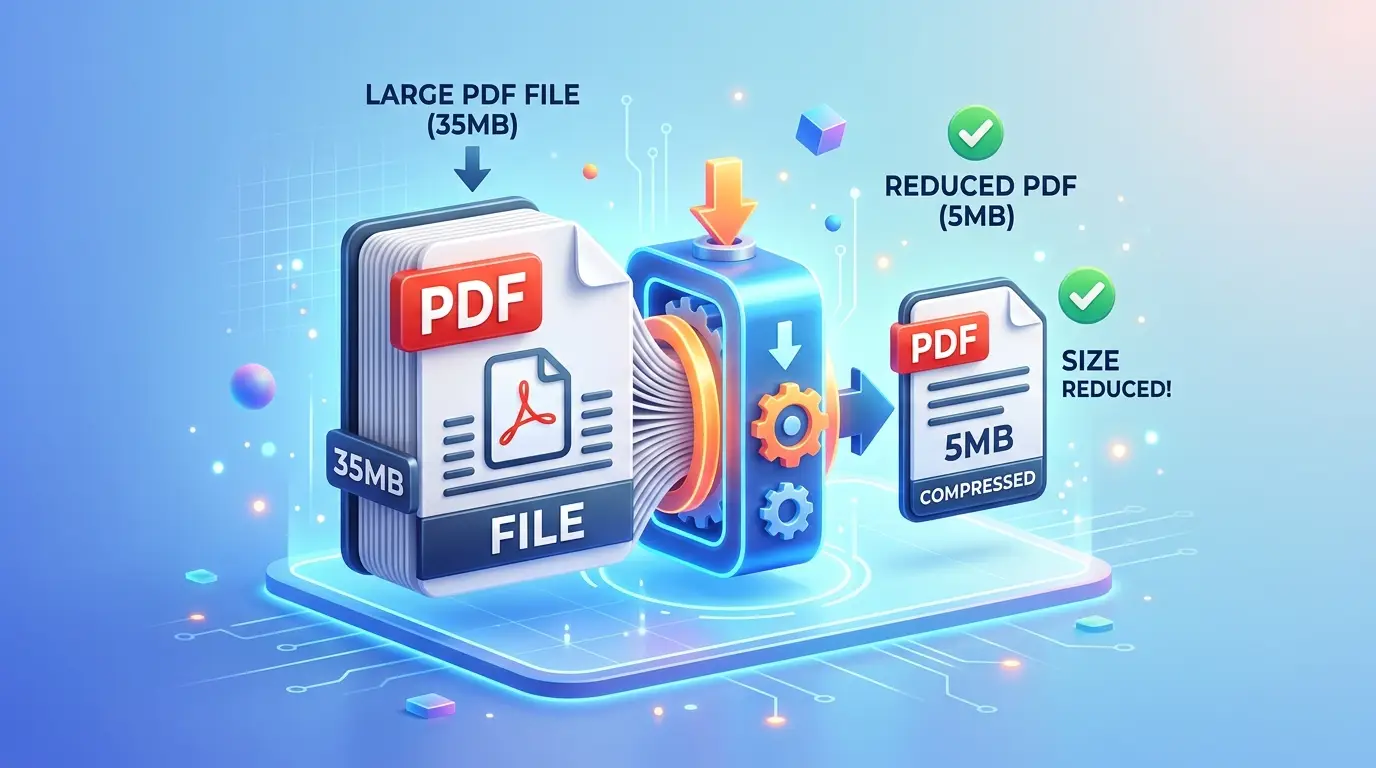 PDF 압축 과정을 보여주며, 35MB의 대용량 PDF 파일이 톱니바퀴 기계를 통해 5MB로 줄어드는 파일 용량 축소 과정을 시각적으로 표현.