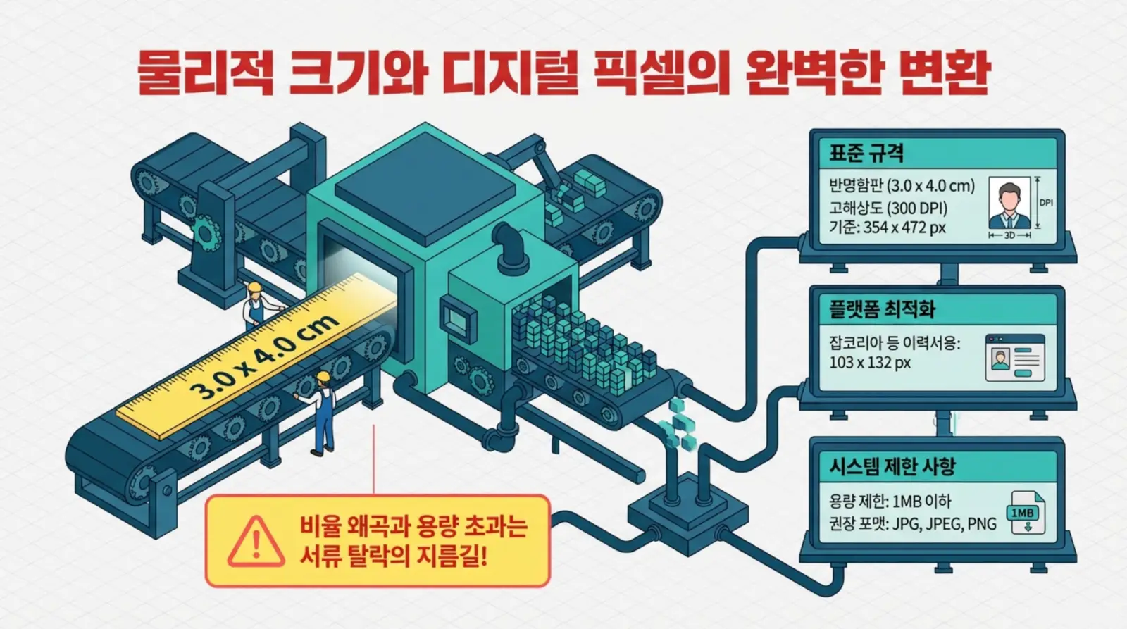 디지털 사진 규격 변환 공정에서 3.0x4.0cm 크기와 300DPI 해상도를 맞추고, 이력서 플랫폼 최적화 및 파일 용량 제한이 강조된 일러스트