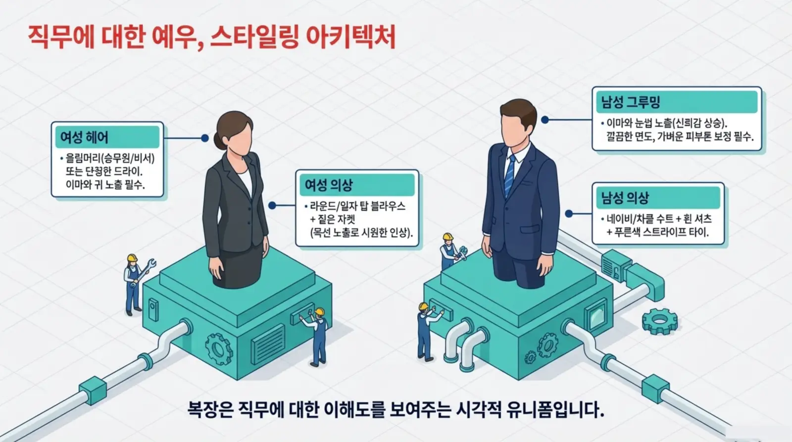 여성은 정장과 깔끔한 올림머리, 남성은 네이비 수트와 단정한 그루밍을 갖춘 직장인의 예절과 스타일링 아키텍처를 도식적으로 표현한 인포그래픽.