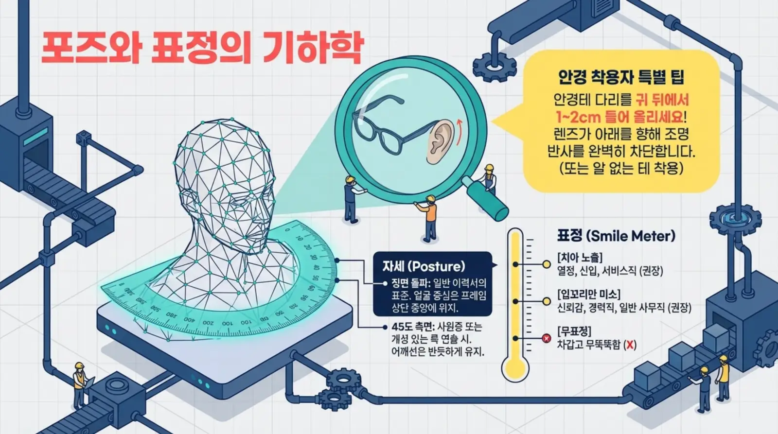 포즈와 표정의 기하학 원리, 안경 착용 팁, 웃는 표정의 중요성을 도식화한 일러스트로, 사진 촬영 팁과 자세 교정 방법을 안내하는 그래픽.