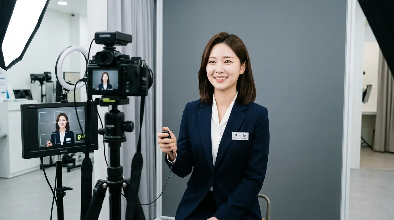 증명사진 촬영 스튜디오에서 정장 유니폼을 입은 여성이 카메라 앞에 앉아 밝게 미소 지으며 리모컨으로 셀프 프로필 사진을 촬영하는 장면
