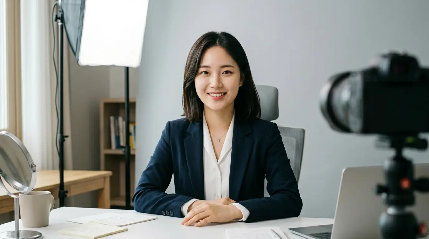 직장 여성, 인터뷰, 브이로그, 사무실, 웃는 표정 키워드 추출 정장 차림의 젊은 여성 직장인이 밝게 웃으며 사무실 책상 앞에서 브이로그 인터뷰를 진행하는 모습.