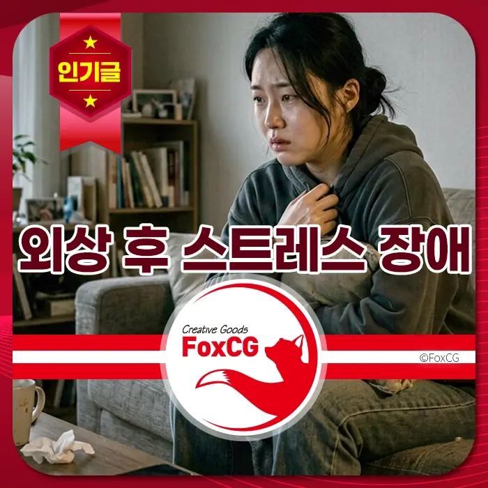 여성 한 명이 소파에 앉아 어두운 표정으로 팔을 움켜쥐고 불안한 모습, 외상 후 스트레스 장애와 우울 증상 강조.