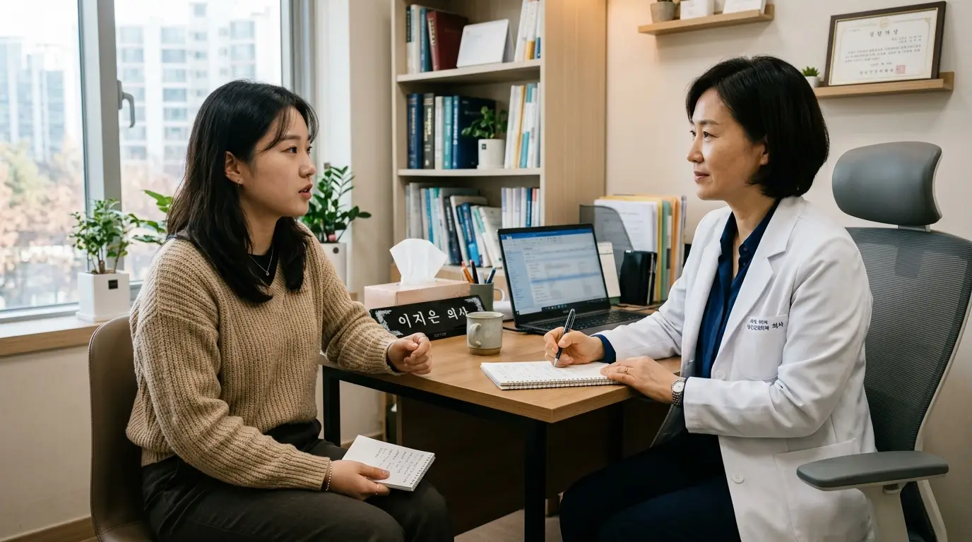 진료실에서 여성 환자와 의사가 상담하며 진지하게 대화하는 장면, 책장과 컴퓨터가 있는 병원 상담 환경 표현