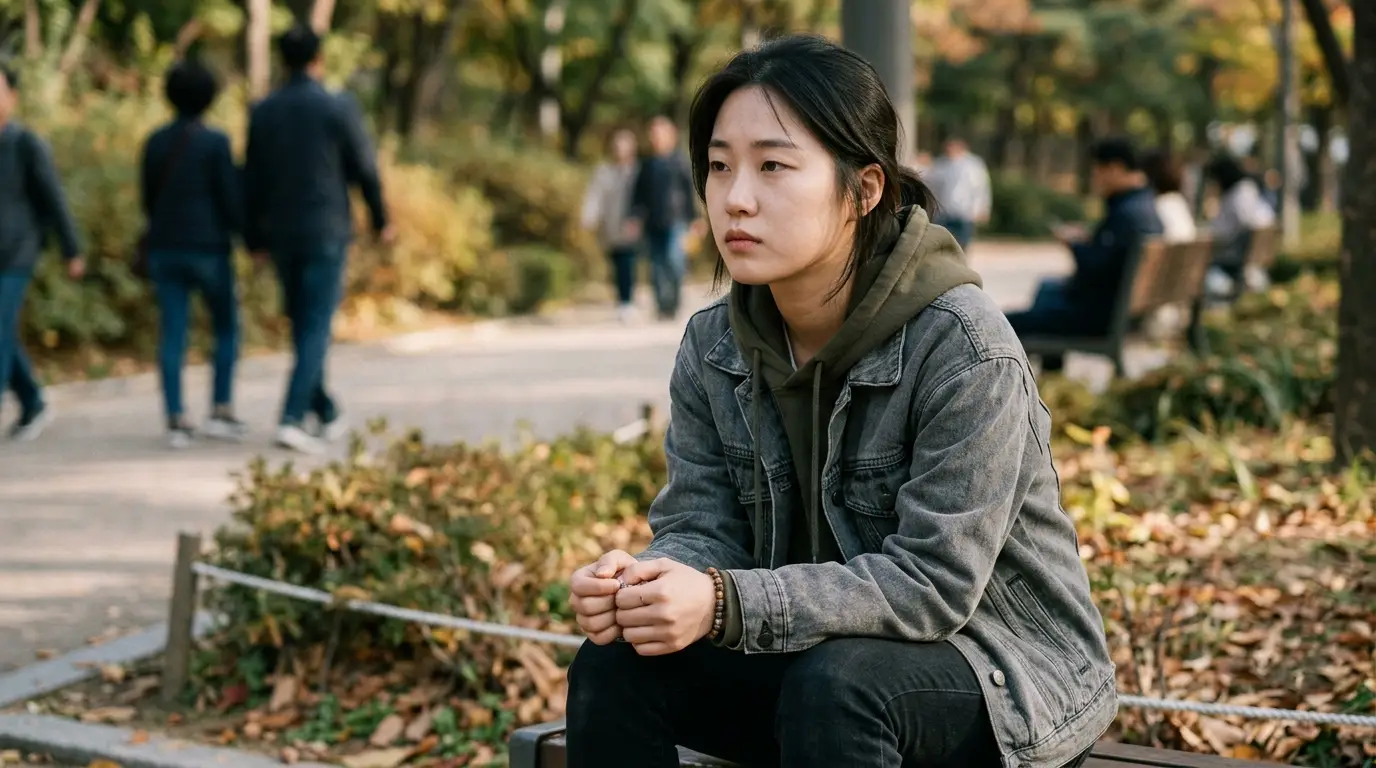 공원 벤치에 앉아 가을 낙엽을 바라보며 생각에 잠긴 청년, 자연과 여유로운 분위기가 어우러진 풍경