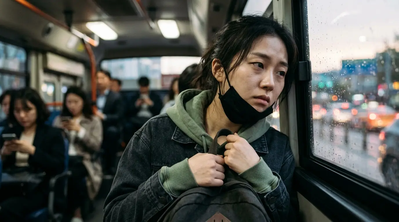 혼잡한 버스 안 창밖을 멍하니 바라보는 젊은 여성, 흐린 날씨와 물든 교통체증이 뒷좌석 직장인들 분위기와 어우러져 일상 속 피로와 우울을 표현.