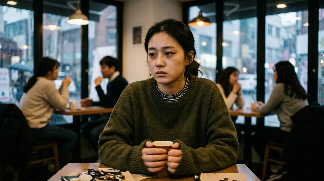 어두운 분위기의 카페에서 초록색 니트 차림의 젊은 여성이 우울한 표정으로 커피잔을 들고 창밖을 바라보고 있다.