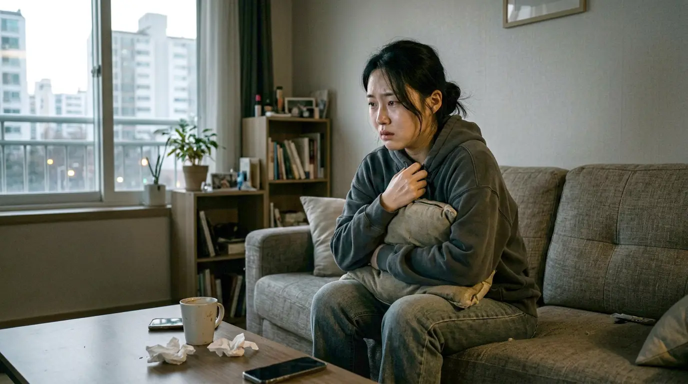 우울한 표정의 여성이 거실 소파에 앉아 쿠션을 안고 있고, 탁자 위에는 휴지와 머그컵, 스마트폰이 놓여 있는 일상적인 실내 분위기.