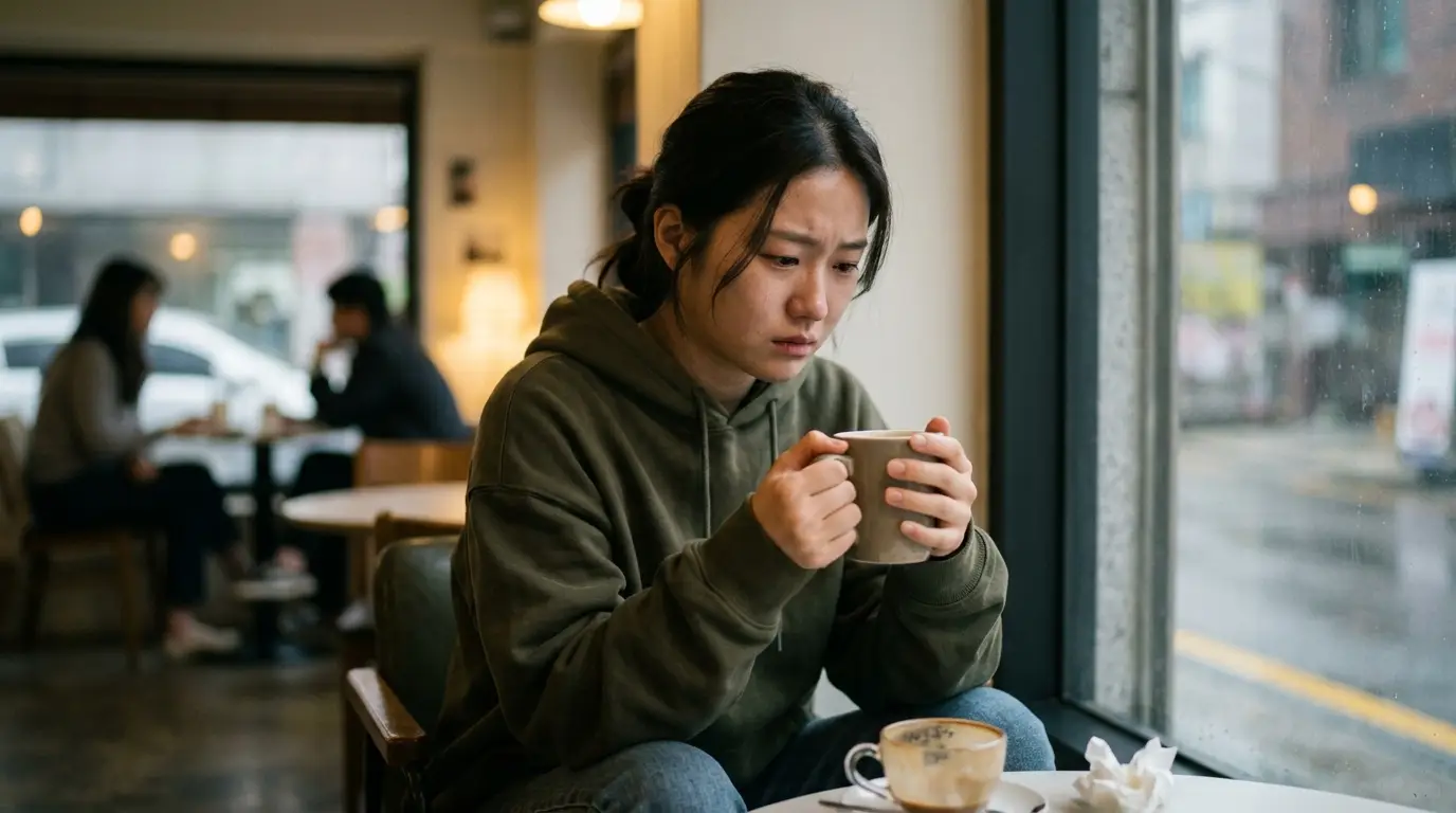 우울한 표정의 젊은 여성이 비 오는 날 카페 창가에 앉아 따뜻한 커피를 두 손으로 감싸고 생각에 잠긴 모습