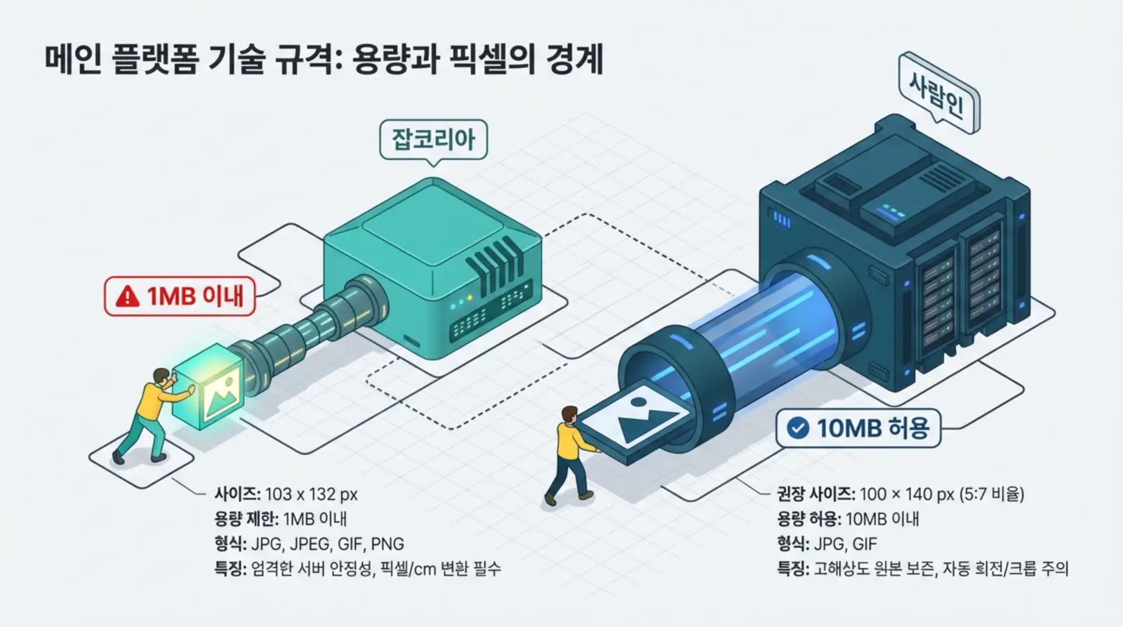 두 사람이 각기 다른 용량 제한(1MB, 10MB)이 적용된 이미지를 기계에 넣고 있는 그림, 이미지 파일 형식 및 권장 크기 정보 포함.