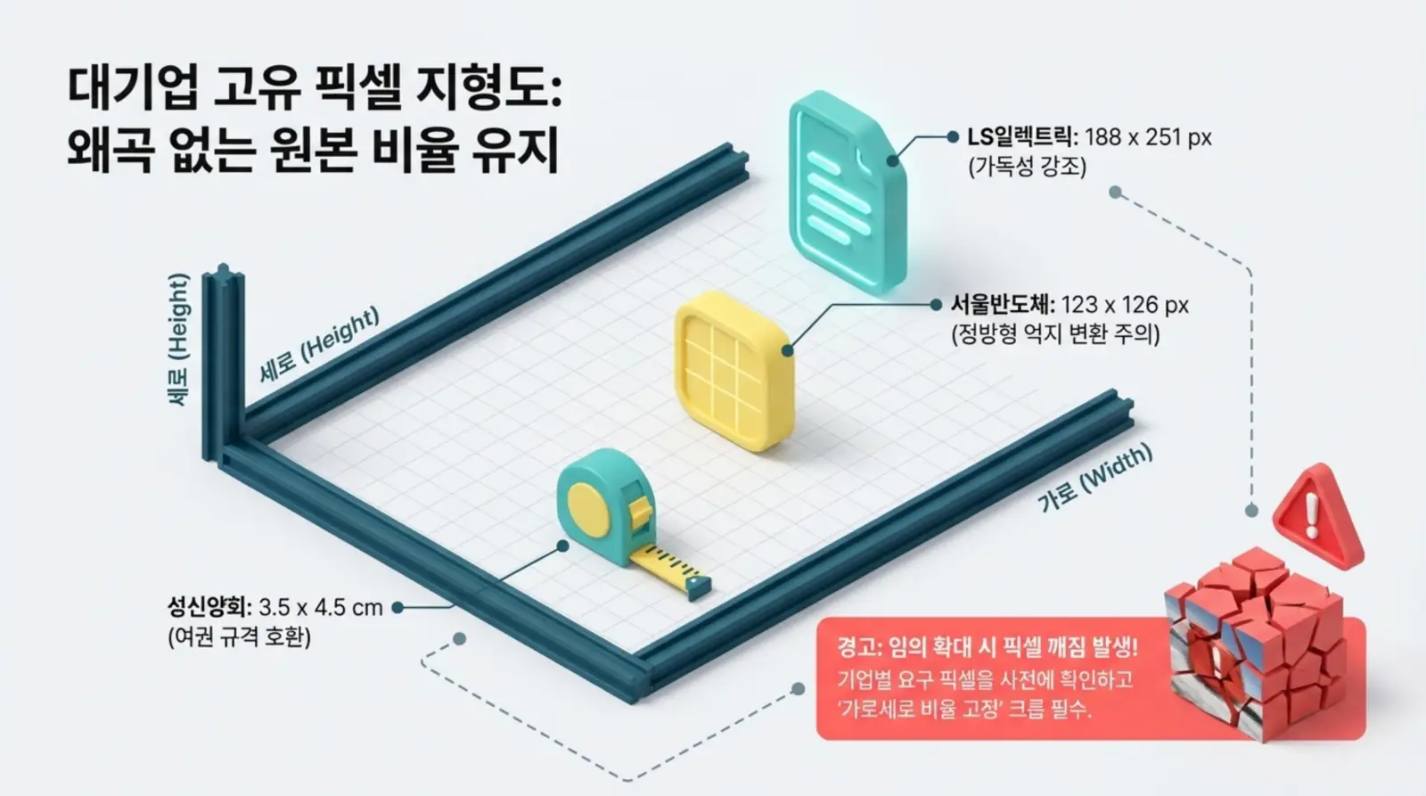 3D 계측도와 픽셀, 자, 도형 아이콘, 픽셀 크기·비율·확장 주의 설명이 적혀 있다.