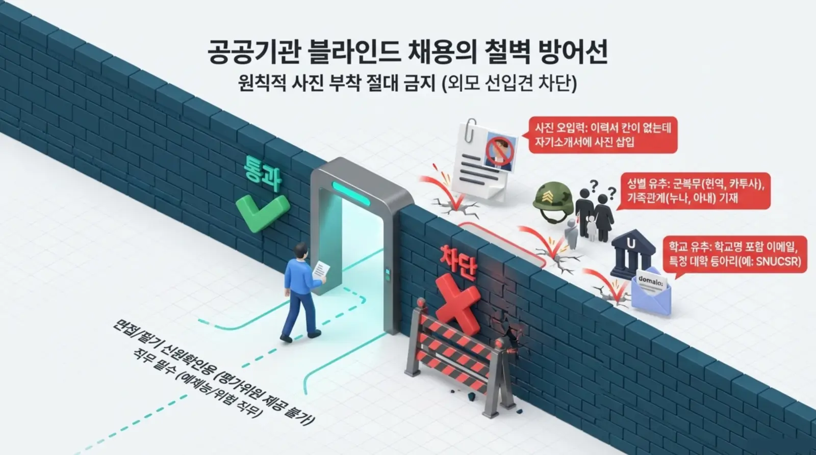 공공기관 블라인드 채용 방어선, 사진·학력·성별·가족관계 기재 금지, 허용된 항목만 통과, 차단 예시 그래픽.