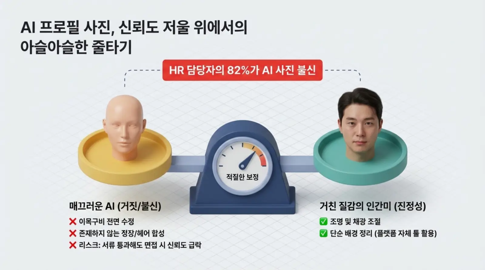 얼굴과 실제 인물 얼굴을 저울로 비교하며 AI 사진의 신뢰도 저하를 설명하는 인포그래픽.