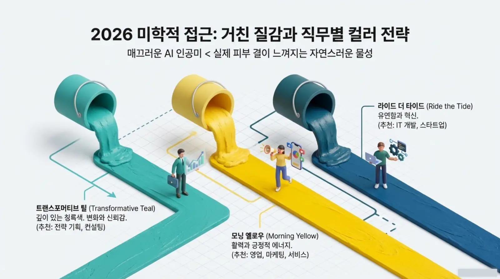 세 가지 색상의 페인트가 직업별 전략을 상징하며, 각 색상 위에 직장인 피규어가 배치되어 있다.
