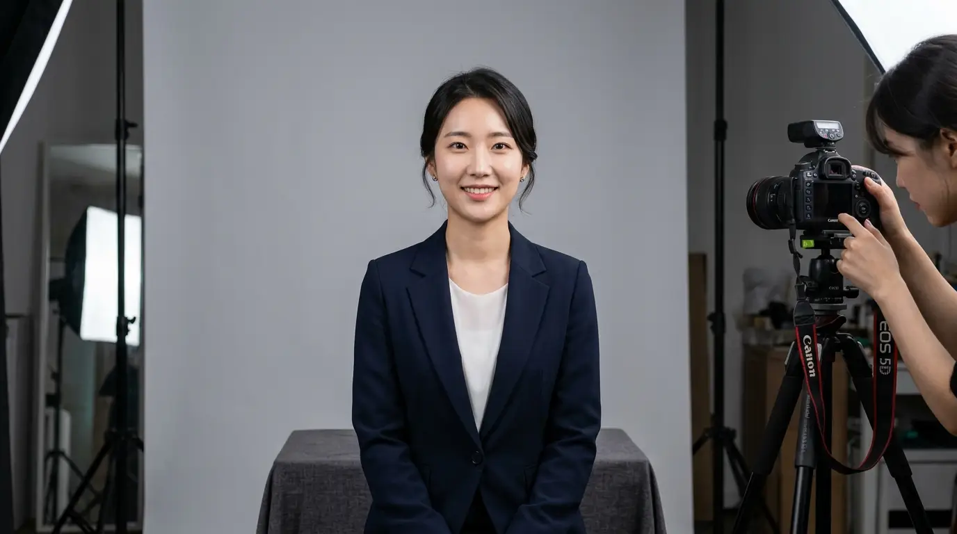여성 모델이 정장 차림으로 스튜디오에서 증명사진을 촬영하고 있다.