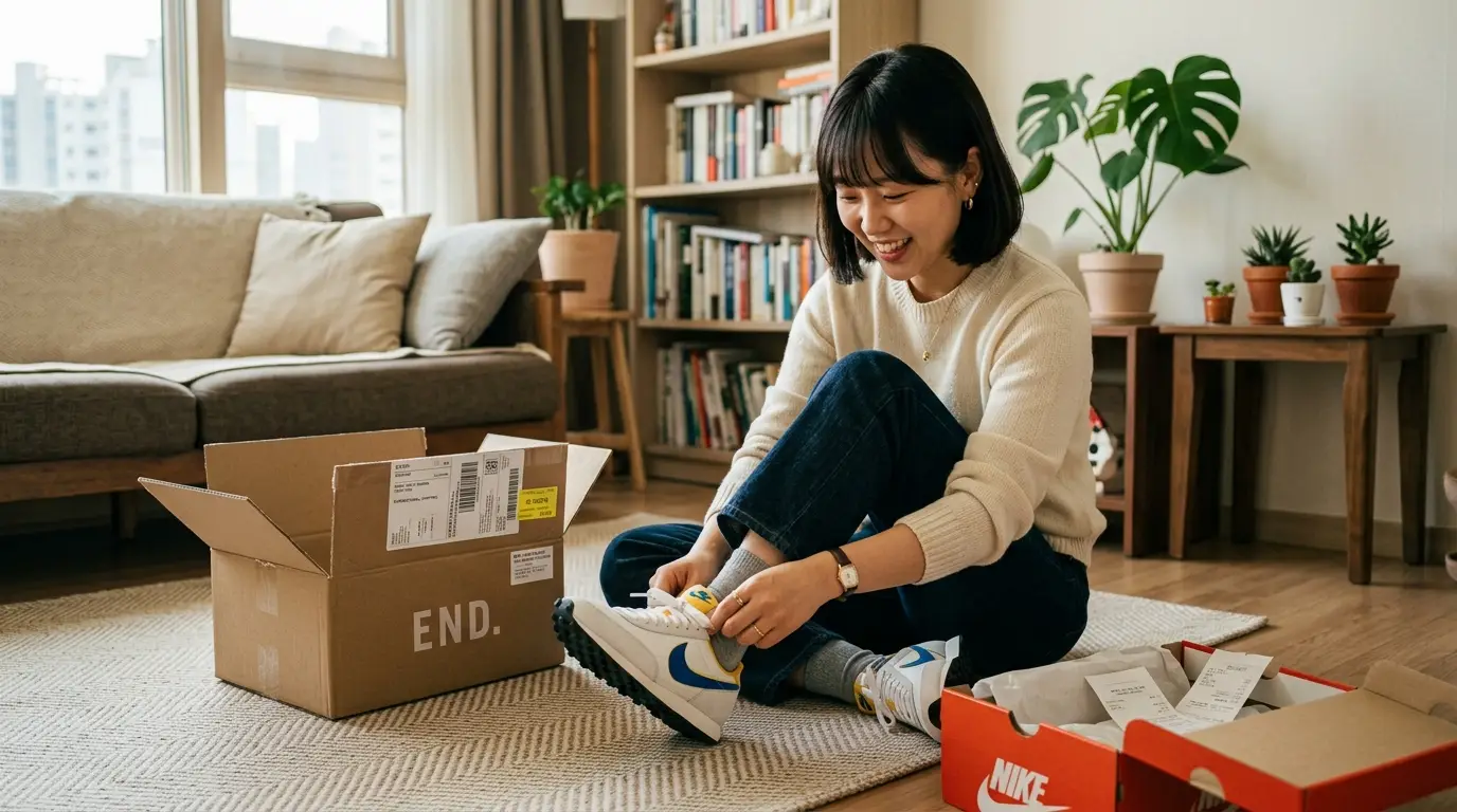 키워드: 온라인쇼핑, 새운동화, 택배박스, 거실, 행복 새 운동화를 택배로 받고 환하게 웃으며 거실에서 신어보는 여성, 포근한 분위기와 깔끔한 인테리어가 어우러짐.