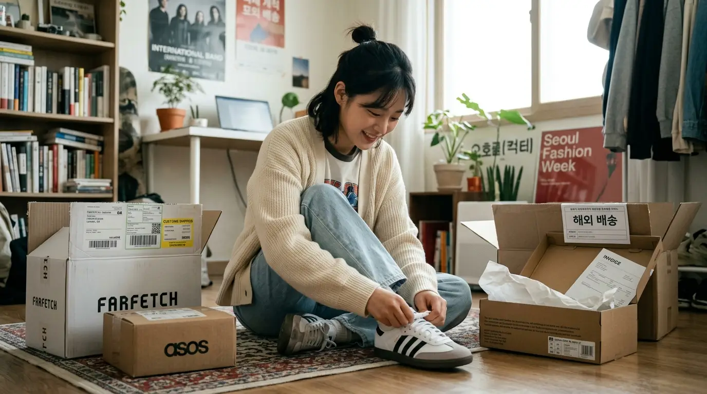 해외배송 택배 상자 앞에서 새 운동화 신는 20대 여성, 온라인 패션 쇼핑, 집에서 편안한 분위기, 현대적 인테리어, 자연광