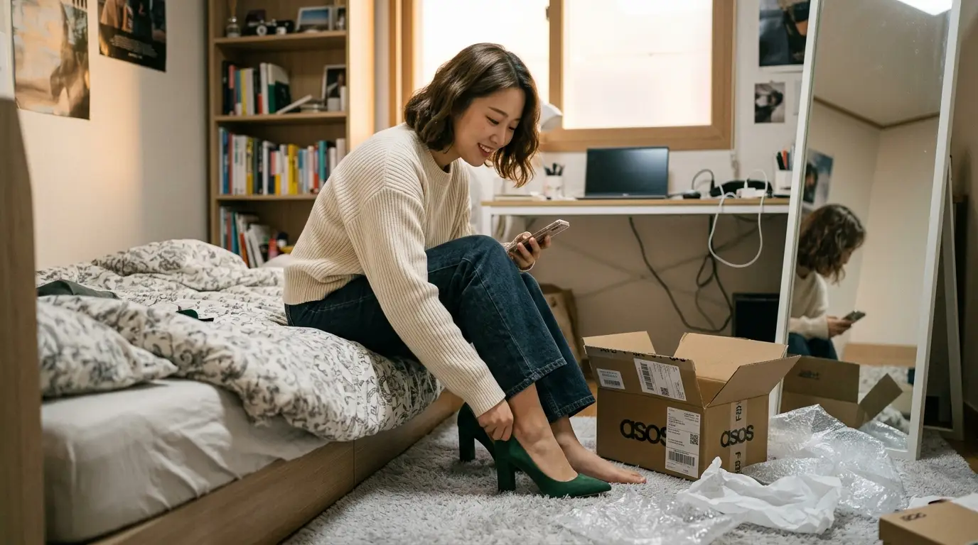 여성 쇼핑, 온라인 택배 언박싱, 방에서 새 신발을 신어보며 스마트폰으로 확인하는 모습, 편안한 분위기, 최신 패션 스타일