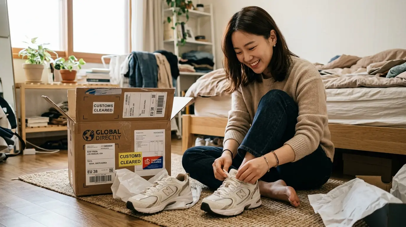 직구 배송 박스를 열고 새 운동화를 신어보며 밝게 미소 짓는 여성이 아늑한 침실에서 만족스러운 표정을 짓고 있다.