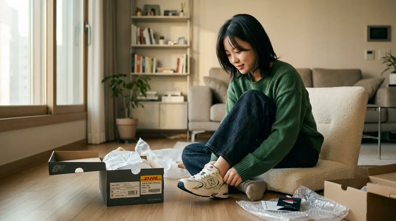 여성 소비자가 거실에서 택배로 받은 뉴발란스 운동화를 신어보며 미소 짓는 모습, 포장 상자와 현대적인 인테리어가 조화를 이룸