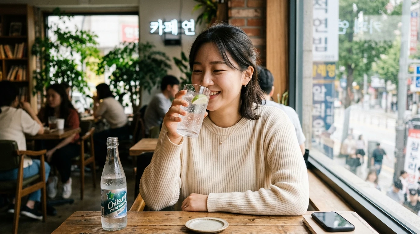카페에서 창가에 앉아 탄산수를 마시며 미소 짓는 여성, 따뜻한 분위기와 자연광, 도심 풍경이 어우러진 일상적인 순간
