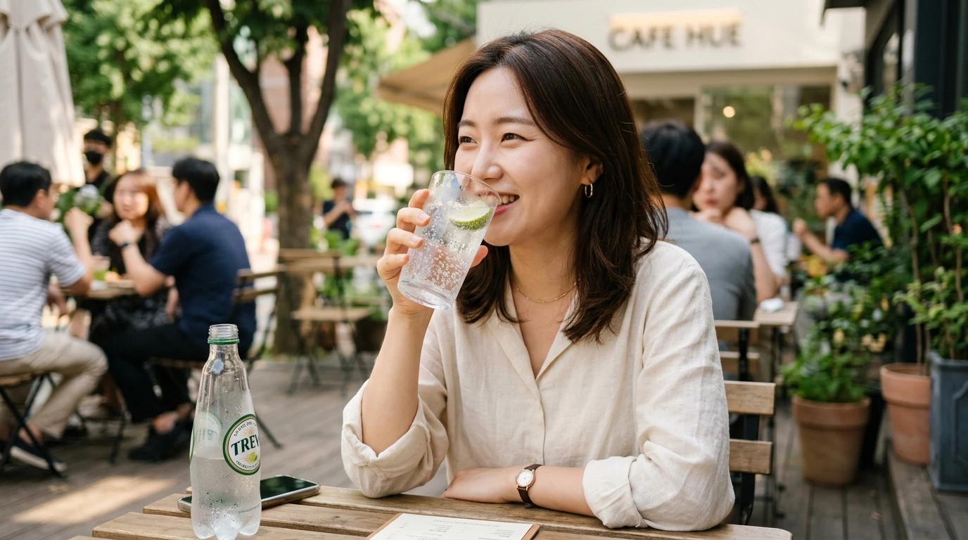 야외 카페 테라스에서 밝게 웃으며 탄산수를 마시는 여성, 자연 풍경과 편안한 분위기의 만남이 돋보이는 장면
