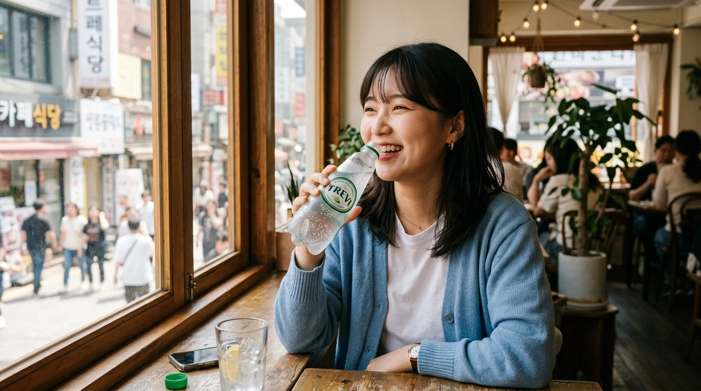 카페 창가에서 탄산수를 마시며 밝게 웃는 젊은 여성, 도심 배경과 자연스러운 일상 분위기 연출