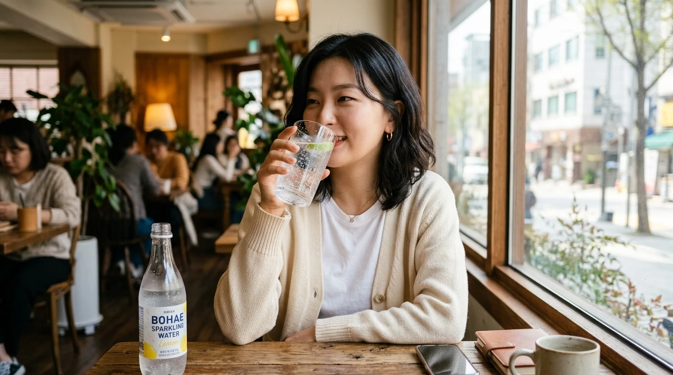 카페 창가 자리에 앉아 레몬 탄산수를 마시며 미소 짓는 여성, 자연광과 식물로 아늑한 분위기의 휴식 공간 연출