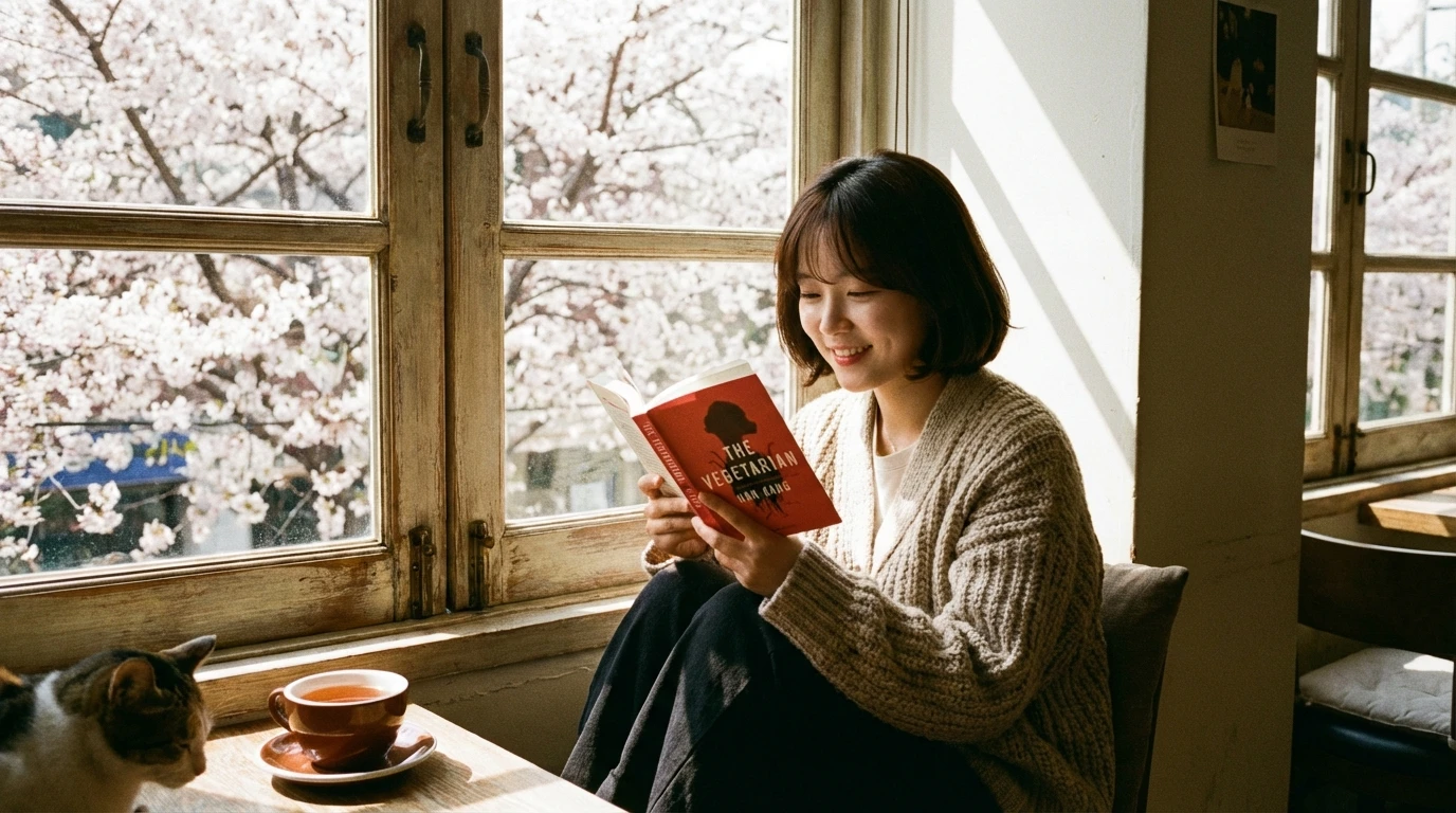 창밖 벚꽃이 만개한 봄날, 따뜻한 차와 고양이, 아늑한 카페 창가에서 책을 읽으며 미소짓는 여성의 여유로운 일상