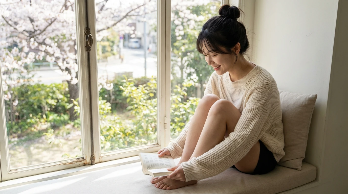 창가에 앉아 벚꽃 풍경을 바라보며 책을 읽는 여성, 자연광과 따뜻한 분위기 연출.
