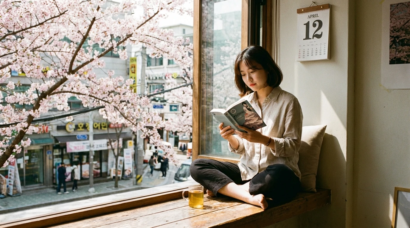 창밖 벚꽃이 만개한 봄날, 밝은 햇살이 비치는 창가에 앉아 책을 읽는 여성과 따뜻한 분위기의 카페 풍경